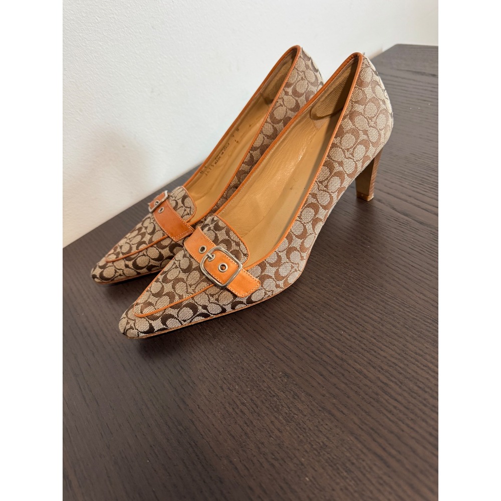 Coach Signature Monogram Pointed Toe Pumps Womens 9B Brown Buckle Detail Heels - Picture 9 of 10